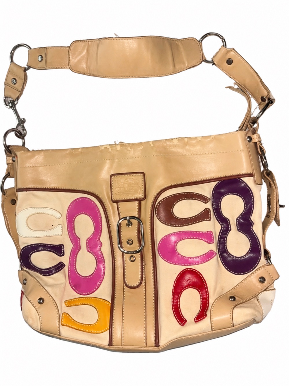 Coach Beige Leather Shoulder Bag with Multicolor Appliqués